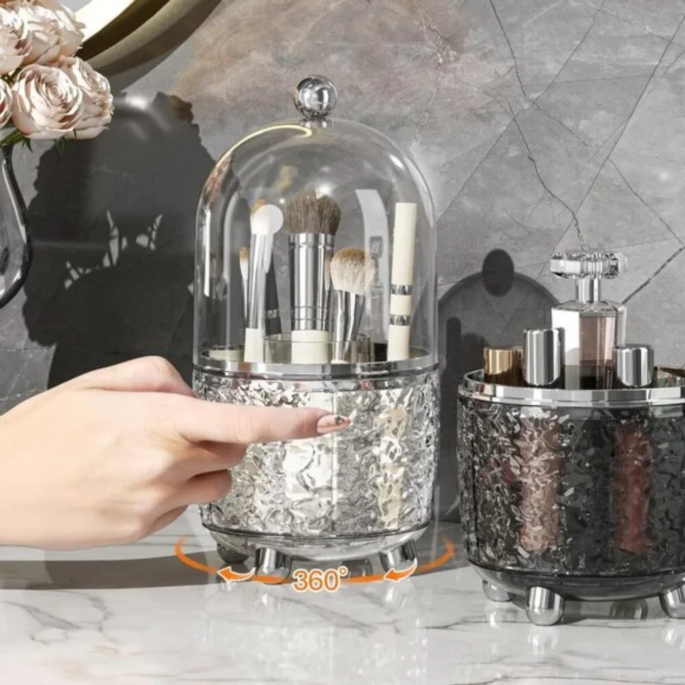 New 360° Rotating Makeup Brush Holder with Lid, Dustproof Organizer in Clear